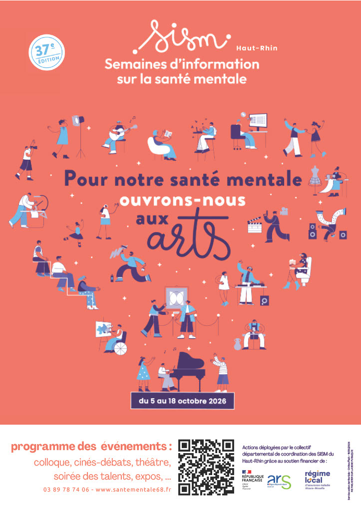 Affiche des Semaines d'Information sur la santé mentale On y voit des bonhommes qui forment un coeur sur un fond rose saumon