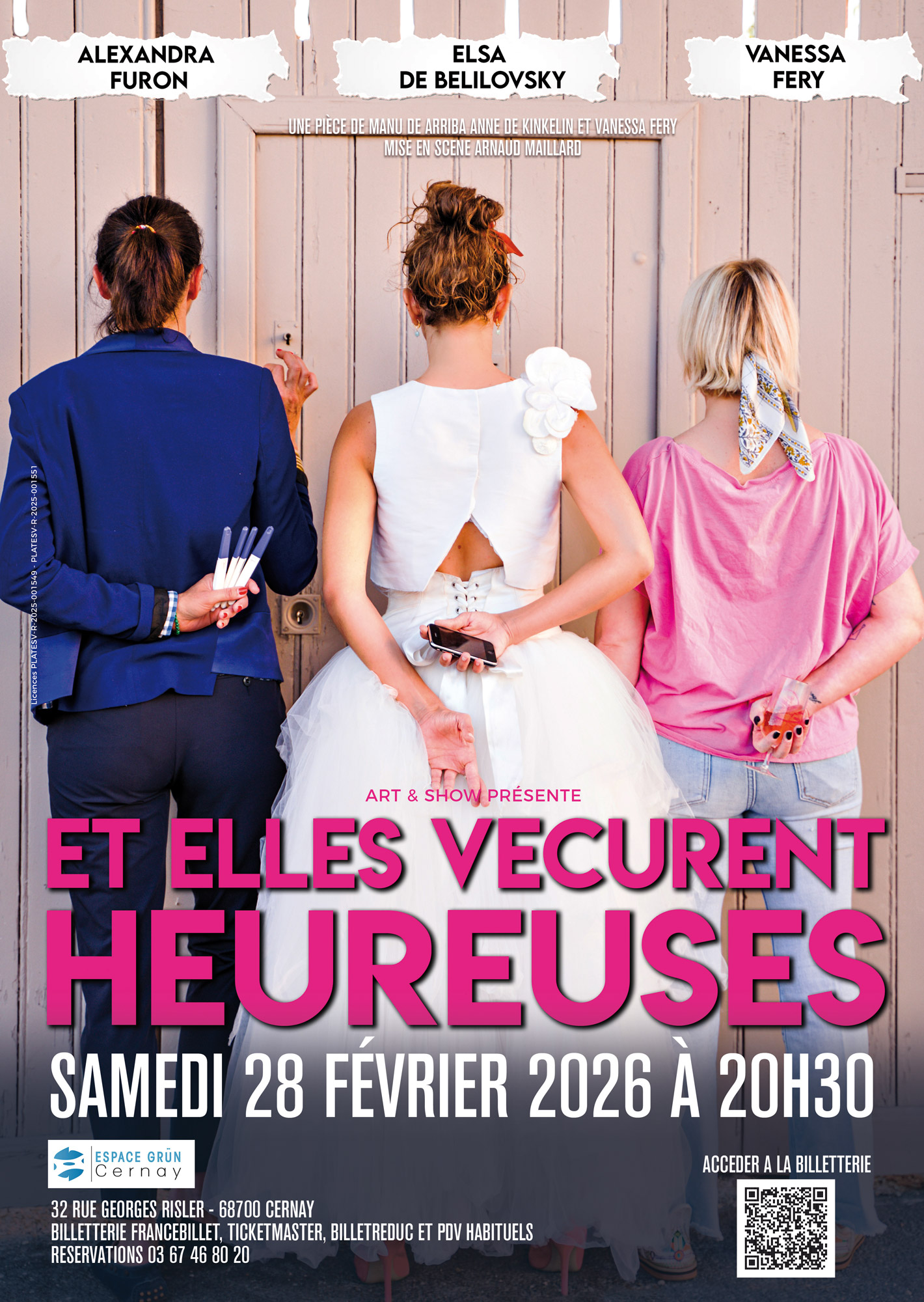 On y voit trois femmes de dos, une avec un costume, une en robe de mariée, une en vêtement décontracté