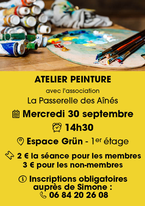 Atelier peinture avec La Passerelle des Aînés le 30-09-2026 à l'Espace GrÜN On y voit des tubes de peinture, une palette de peinture, des pinceaux et un chiffon