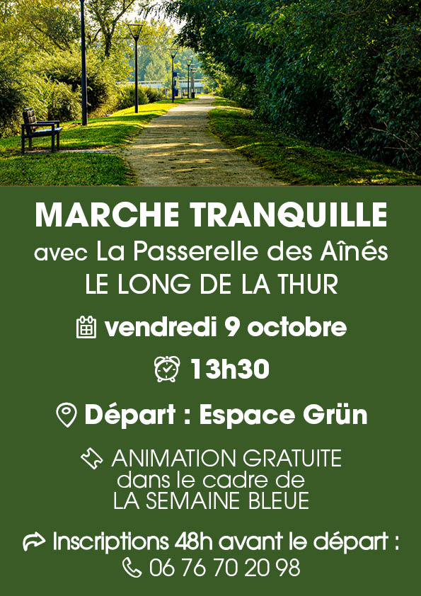 Marche Tranquille avec La Passerelle des Aînés le 09-10-26 à Cernay départ 13h30 On y voit un chemin dans le parc des rives de la Thur de Cernay