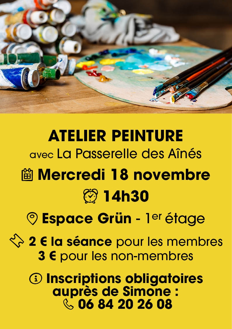 Atelier peinture avec La Passerelle des Aînés le 18-11-2026 à l'Espace Grün On y voit des ustensiles de peintures d'artiste.