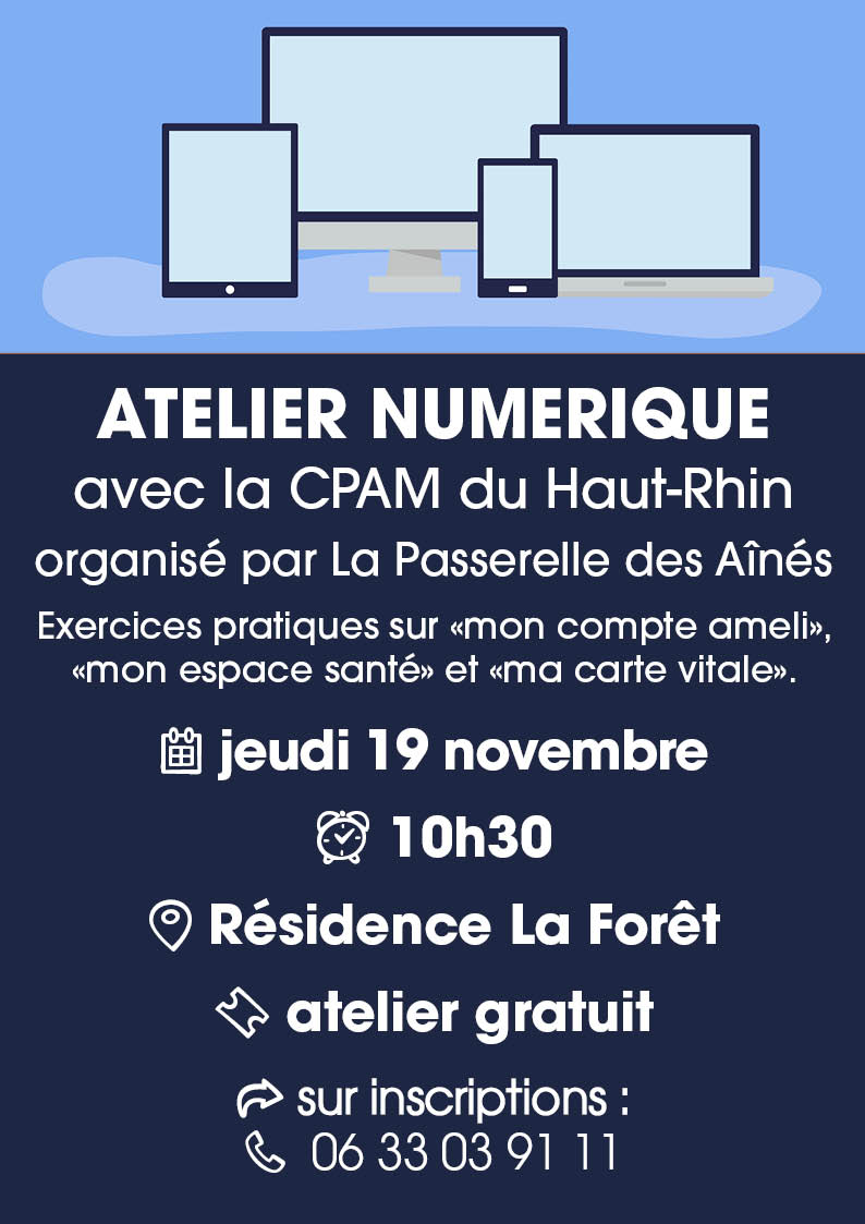 Atelier numérique le 19/11/26 avec La Passerelle des Aînés de Cernay On y voit un ordinateur, une tablette et un smartphone.
