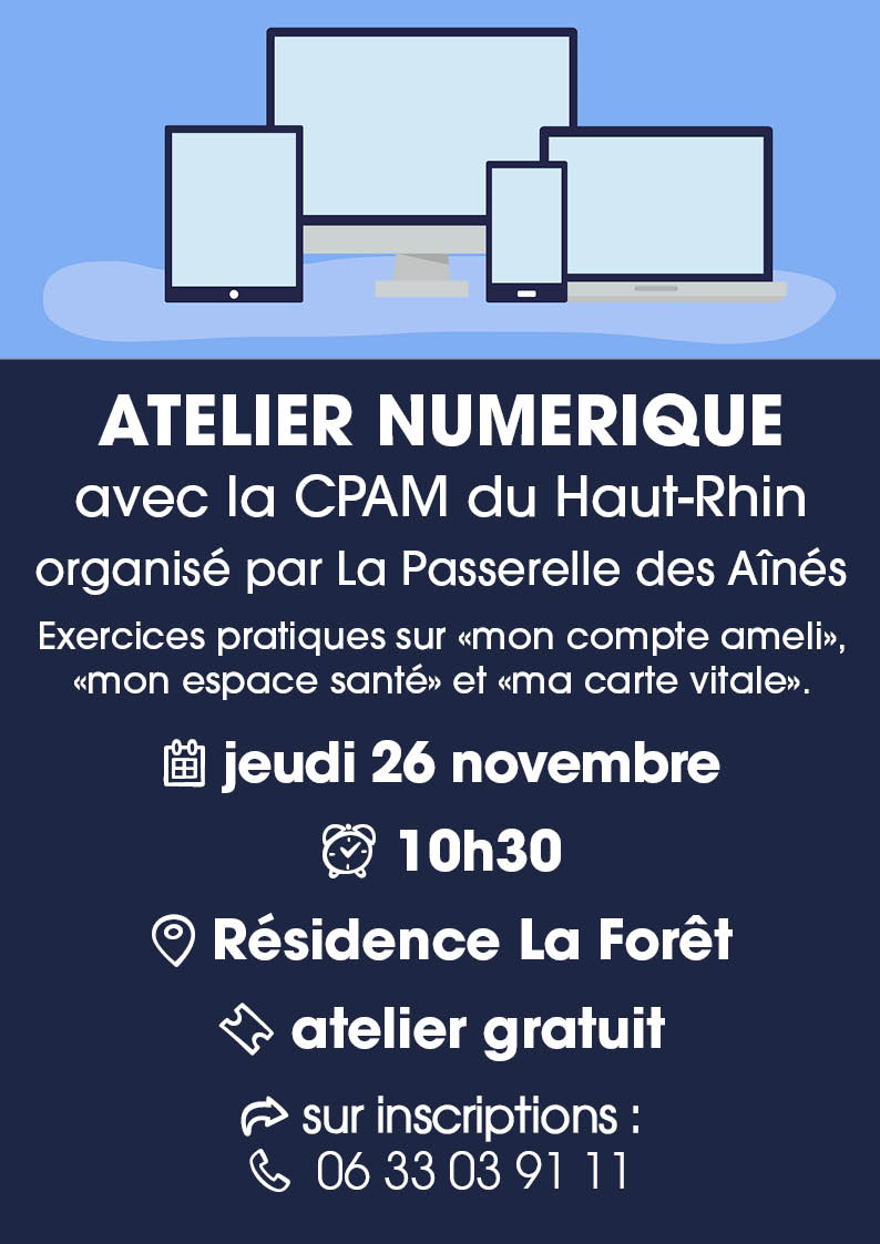 Atelier numérique avec La Passerelle des Aînés de Cernay le 26-11-26 On y voit un ordinateur, une tablette et un smartphone.