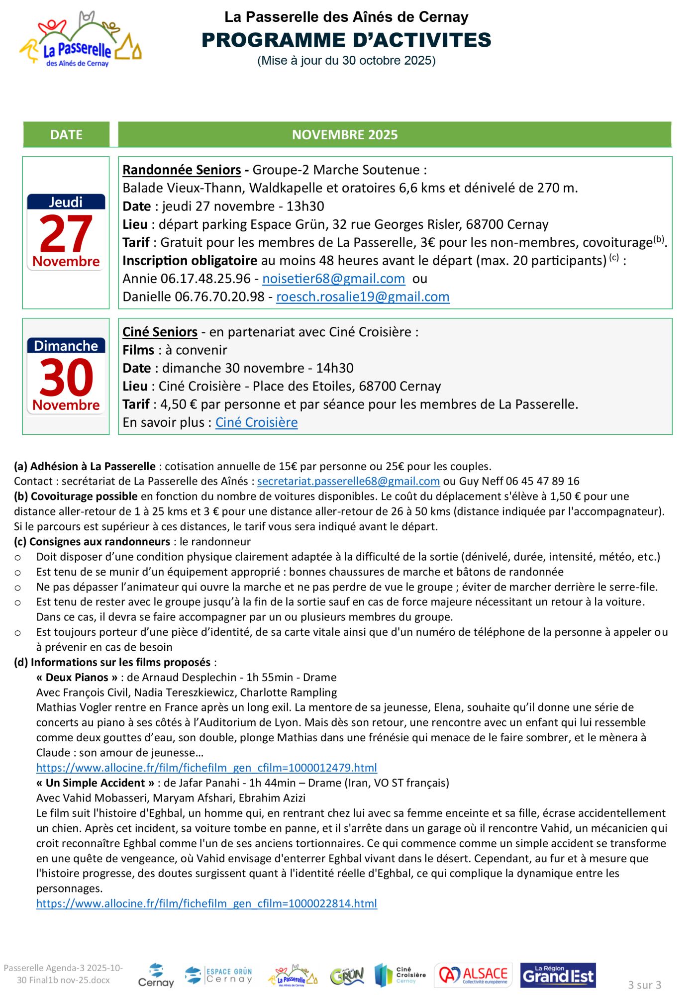 Programme de la Passerelle des Aînés novembre 2025