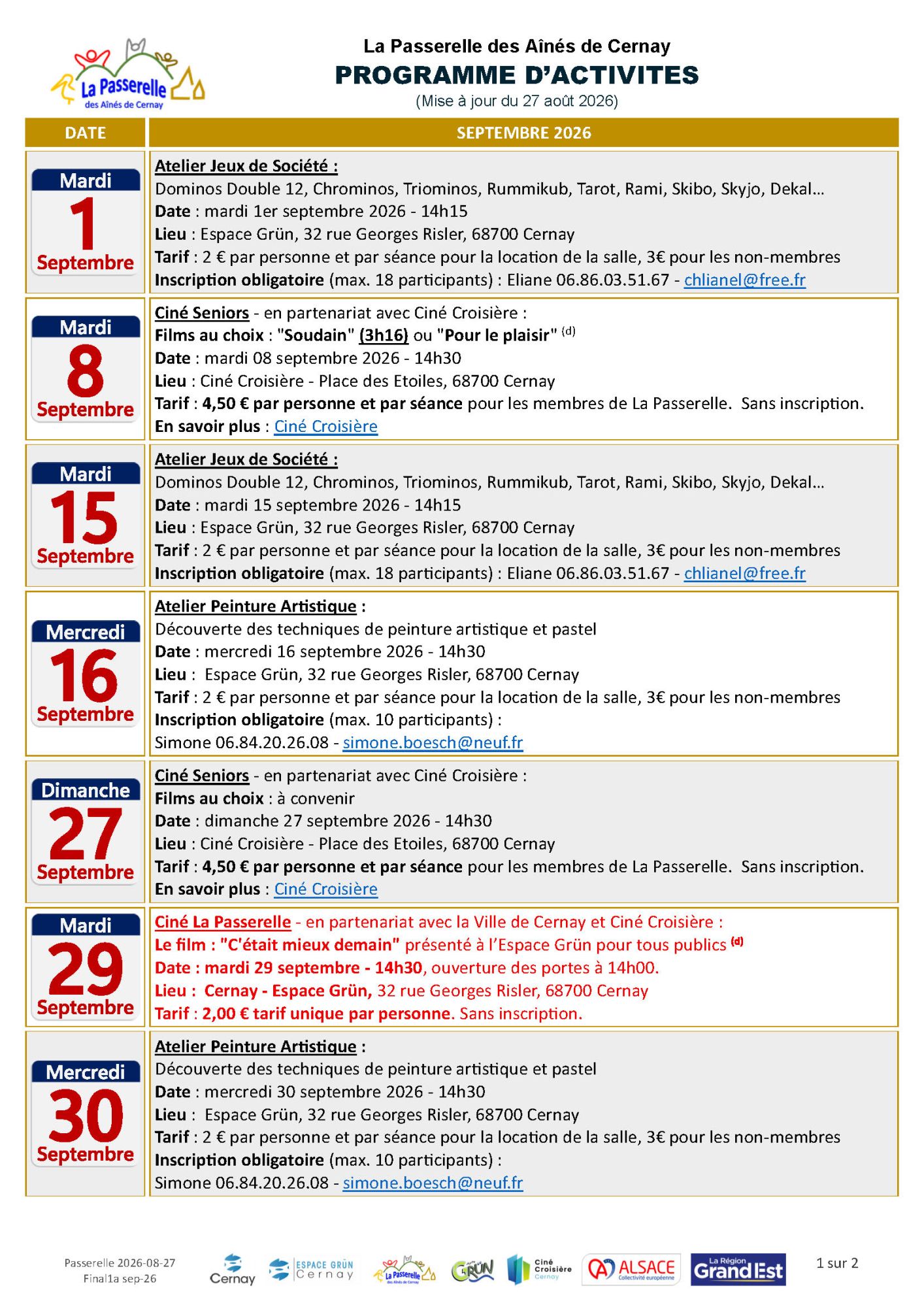 Programme de septembre de la Passerelle des A&icirc;n&eacute;s - Cernay - 2026
