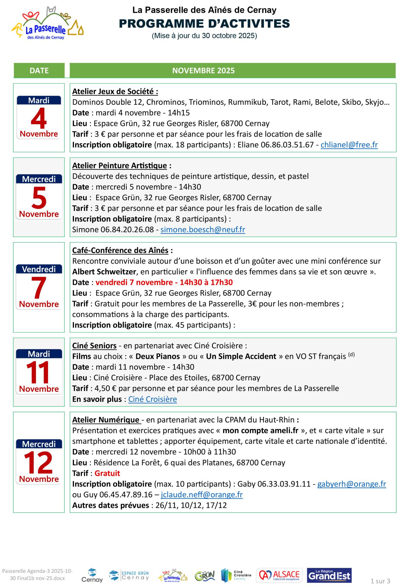 Programme de la Passerelle des Aînés novembre 2025