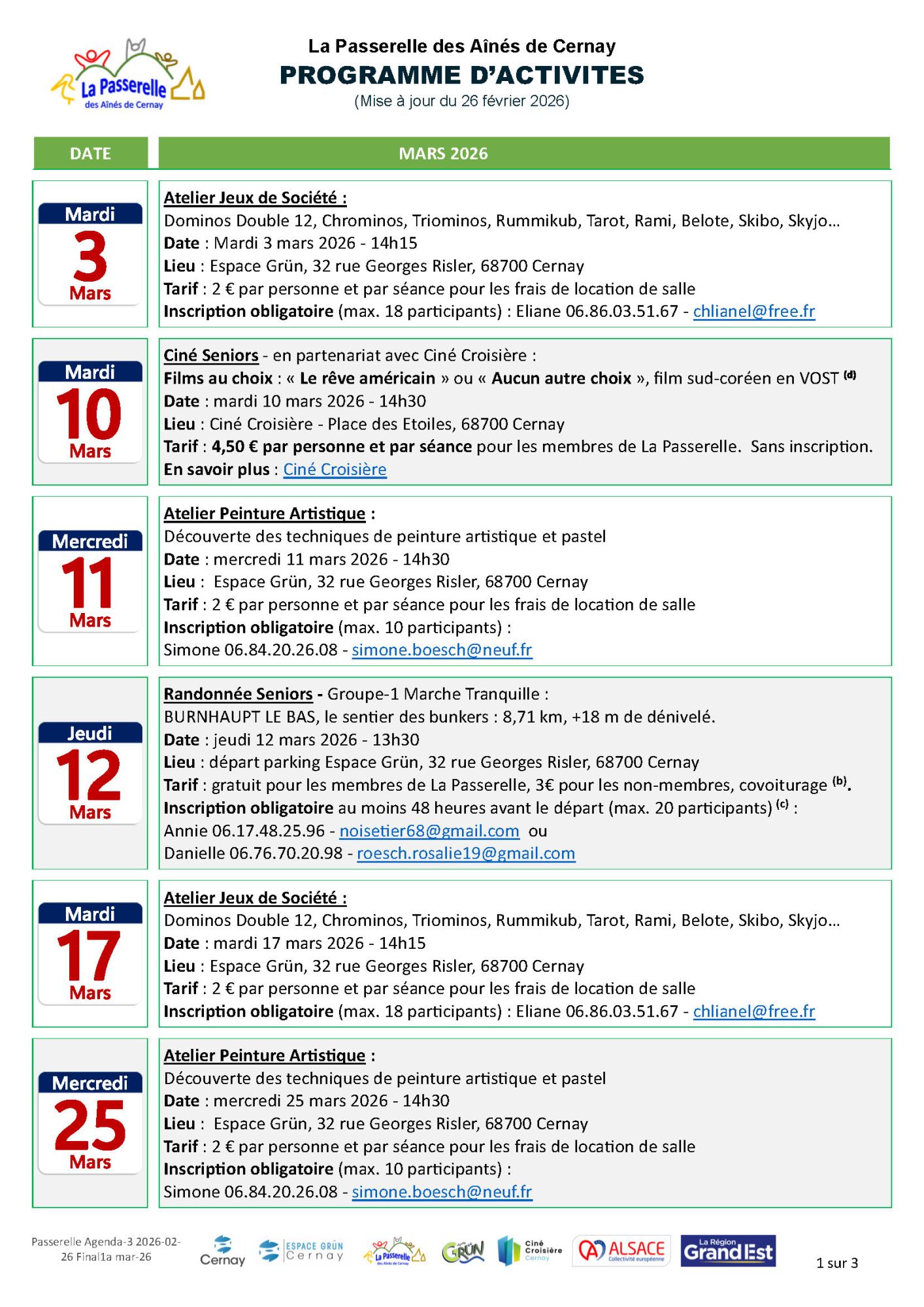 Porgramme de la Passerelle des Aînés pour le mois de mars On y voit le logo de la Passerelle des Aînés de Cernay