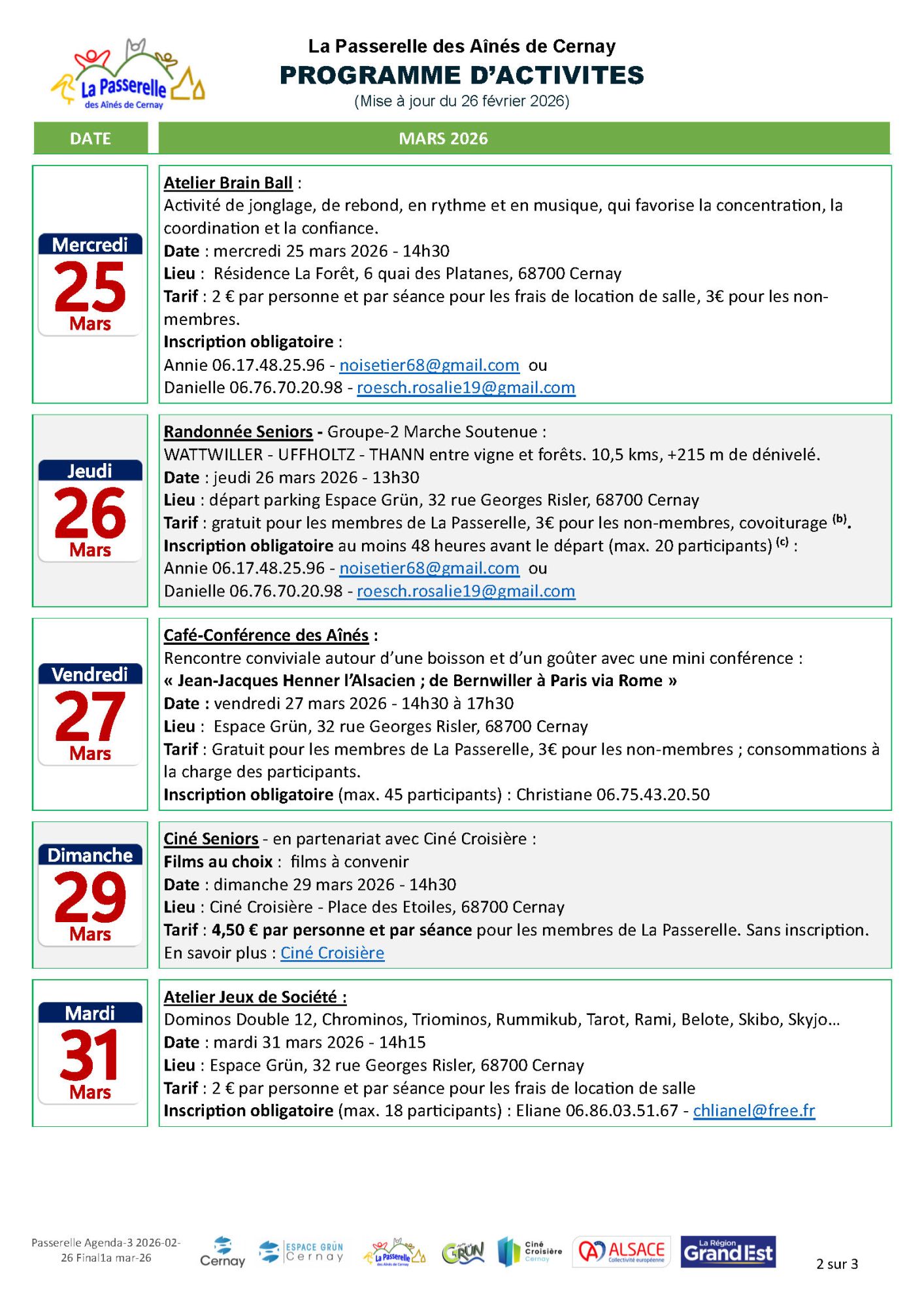 Porgramme de la Passerelle des Aînés pour le mois de mars On y voit le logo de la Passerelle des Aînés de Cernay