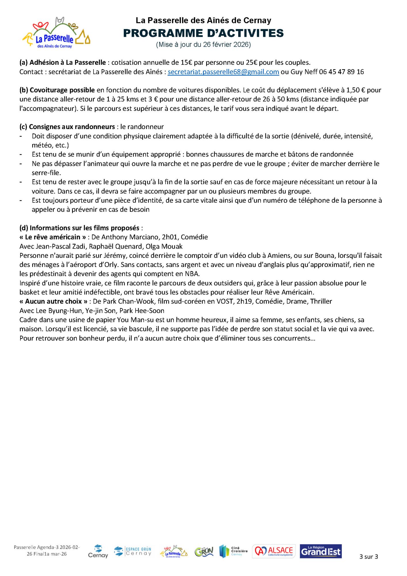 Porgramme de la Passerelle des Aînés pour le mois de mars On y voit le logo de la Passerelle des Aînés de Cernay