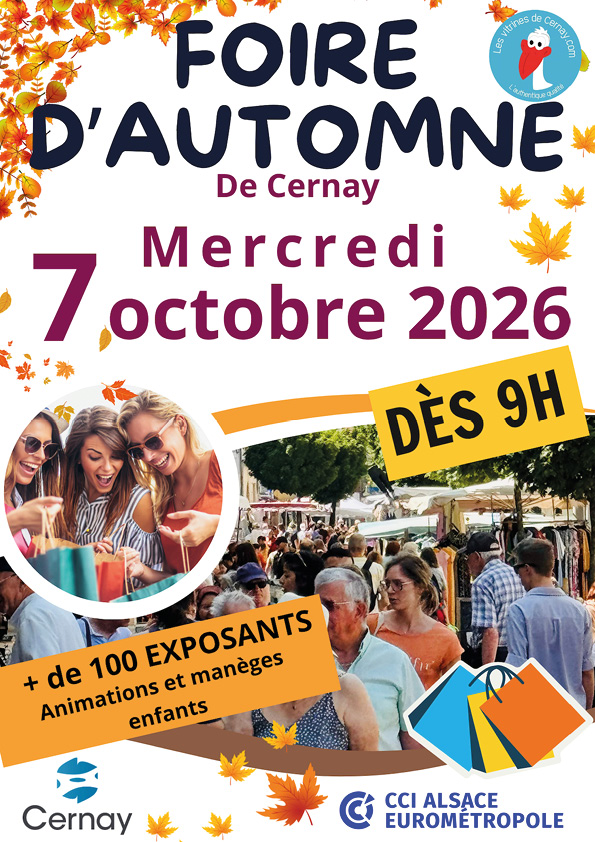 Foire d'Automne le 7 octobre 2026 à Cernay On y voit des stands dans une rue et des feuilles d'automne