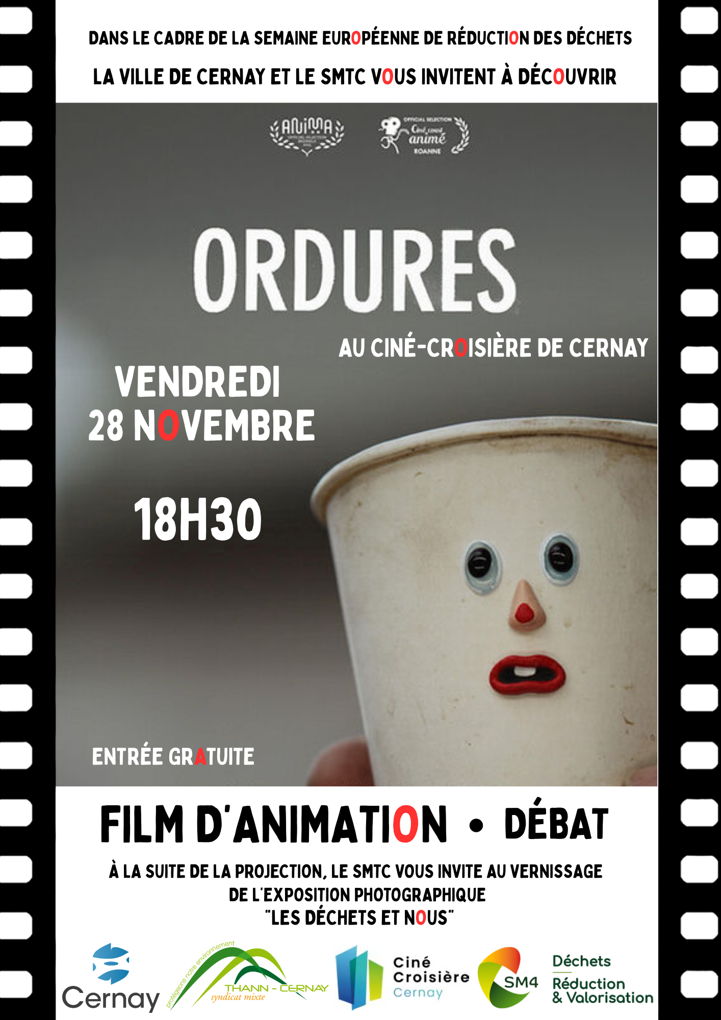 Affiche projection du film ORDURES au ciné Croisère le 28-11-25 à 18h30 On y voit un goblet avec des yeux, un nez et une bouche