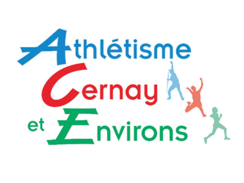 On y voit des sylhouettes d'athlètes de couleurs + Athlétisme Cernay et Environs écrit en couleurs