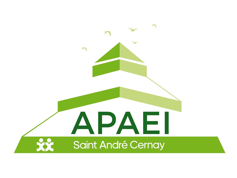 ON y voit une pyramide avec des bande verte et des oiseaux verts au-dessus pour les initiale APAEI