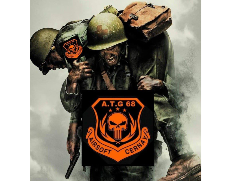 On y voit un soldat qui porte un autre sur ses épaules, au centre un logo orange avec une tête de mort et l'inscription ATG68 airsoft Cernay