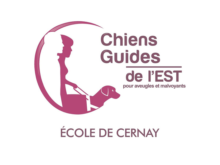 On y voit une sylhouette de femme rose qui tient en laisse un chien guide