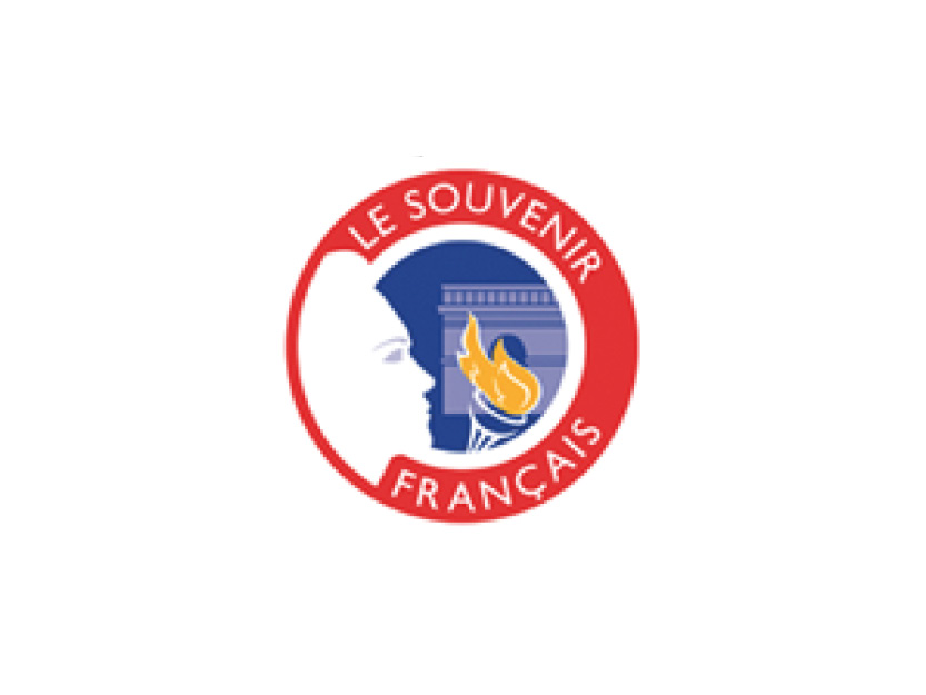 On y voit dans un cercle rouge la silhouette de la marianne avec l'arc de triomphe et un flambeau