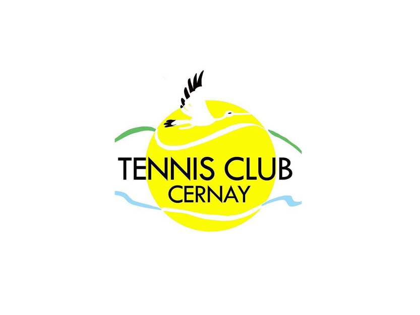 On y voit une balle de tennis jaune avec une cigogne qui vole et deux rubans
