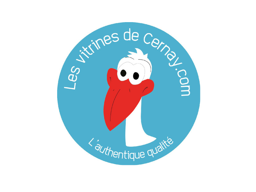 O y voit la tête d'une cigogne dans une rond bleu